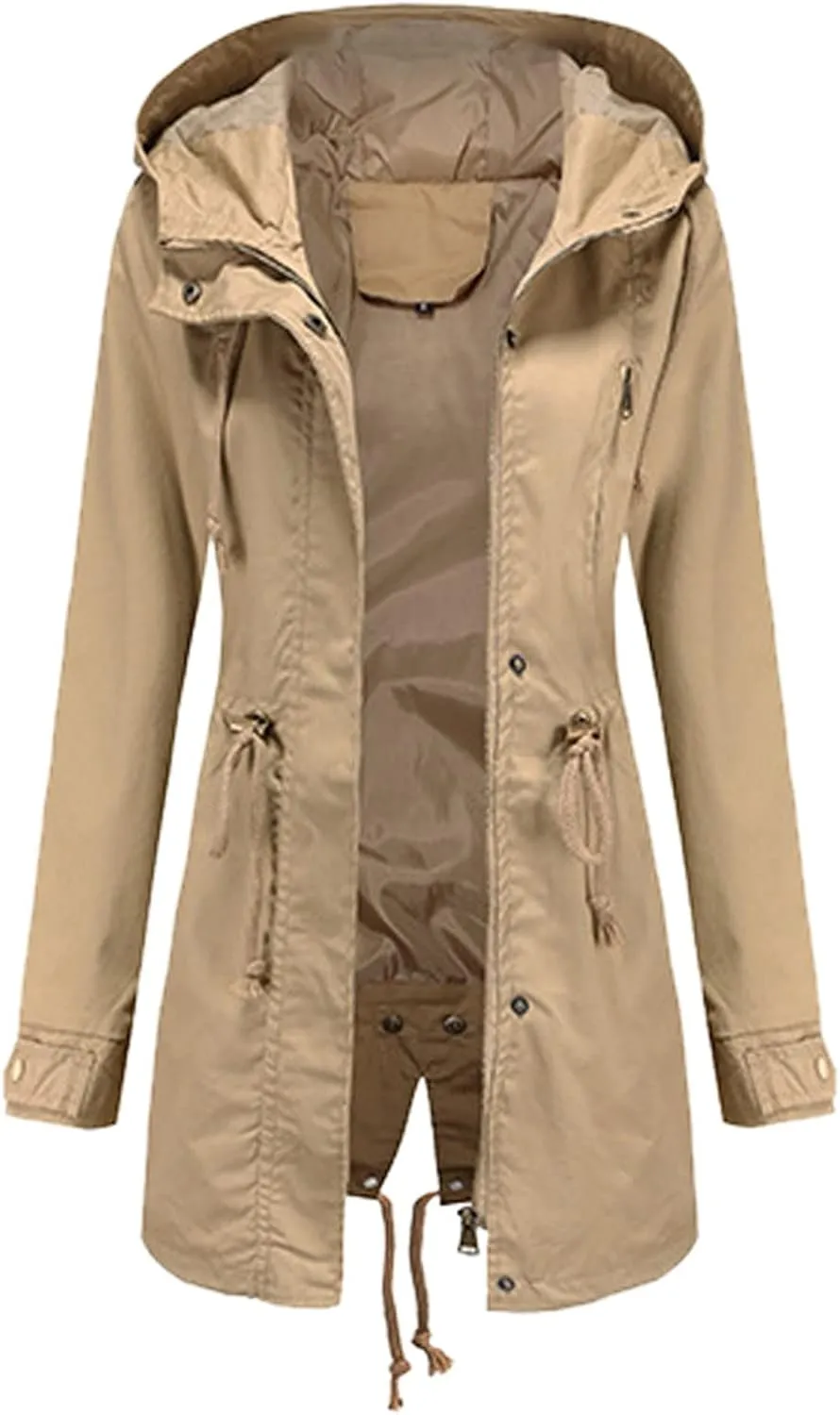 2024 Womens Hooded Trench Coat Casual Long Sleeve Drawstring Windbreaker Loose Zip Up Overcoat Outdoor Sport Outwear