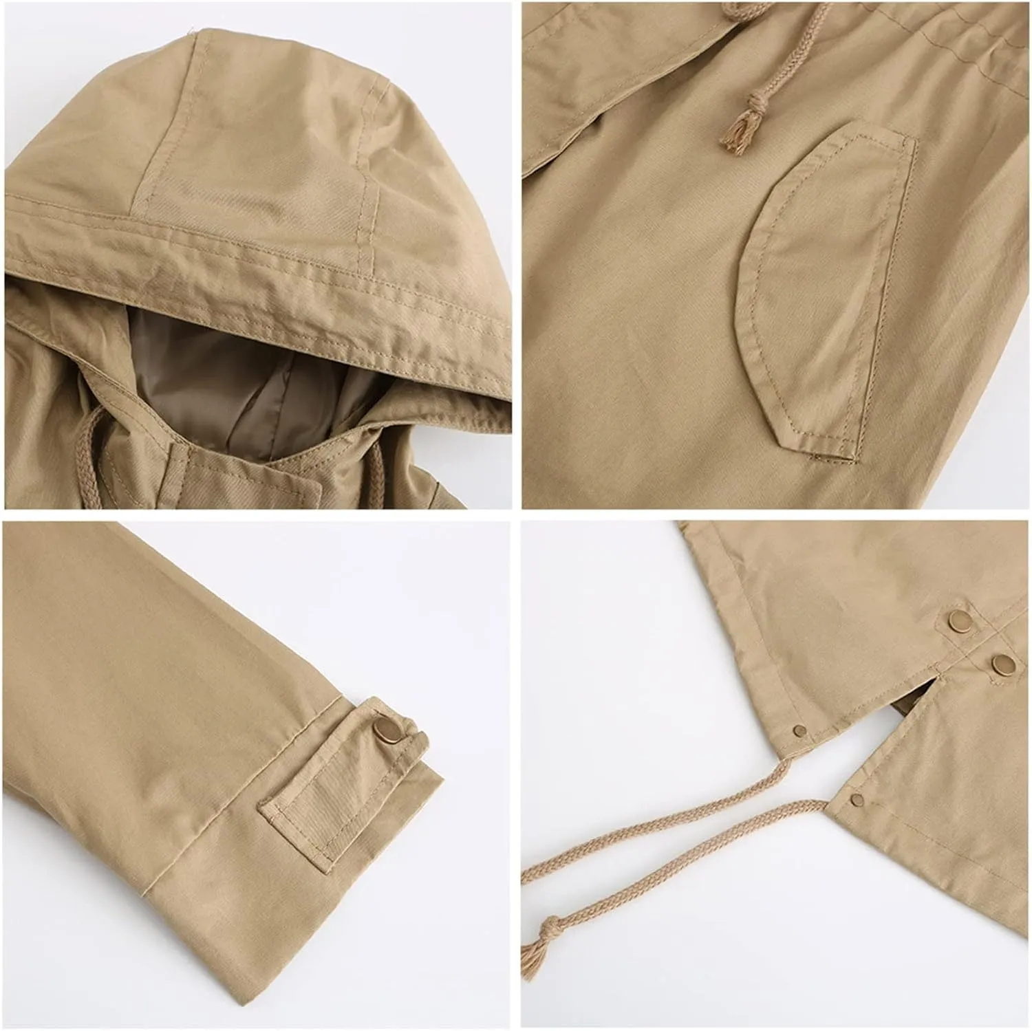 2024 Womens Hooded Trench Coat Casual Long Sleeve Drawstring Windbreaker Loose Zip Up Overcoat Outdoor Sport Outwear