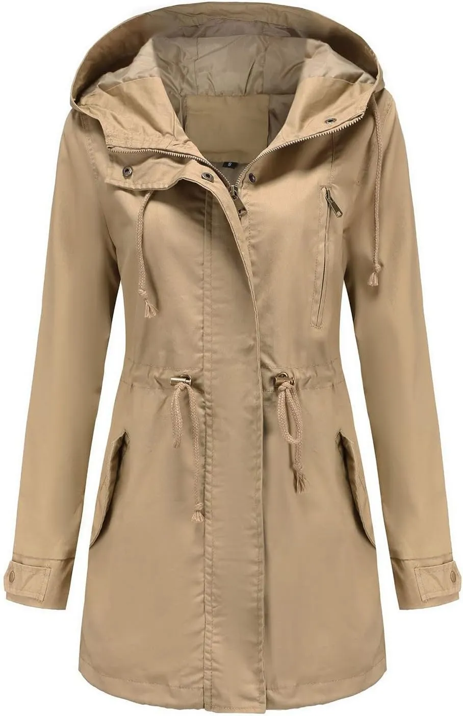 2024 Womens Hooded Trench Coat Casual Long Sleeve Drawstring Windbreaker Loose Zip Up Overcoat Outdoor Sport Outwear