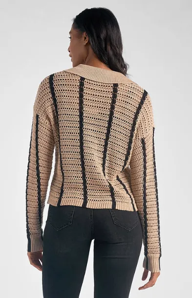 Black Striped Button Up Tan Cardigan
