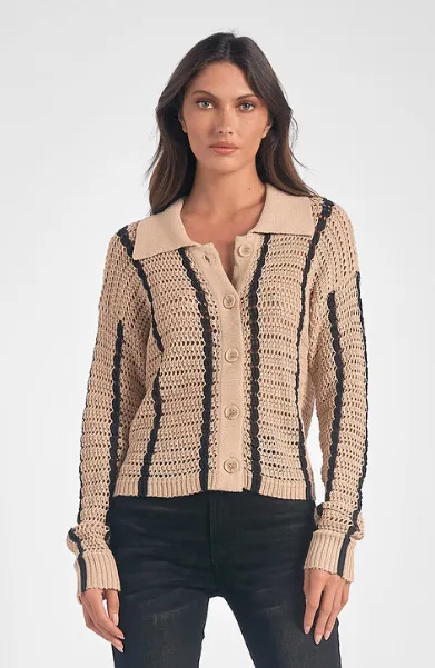 Black Striped Button Up Tan Cardigan