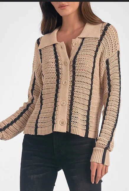 Black Striped Button Up Tan Cardigan