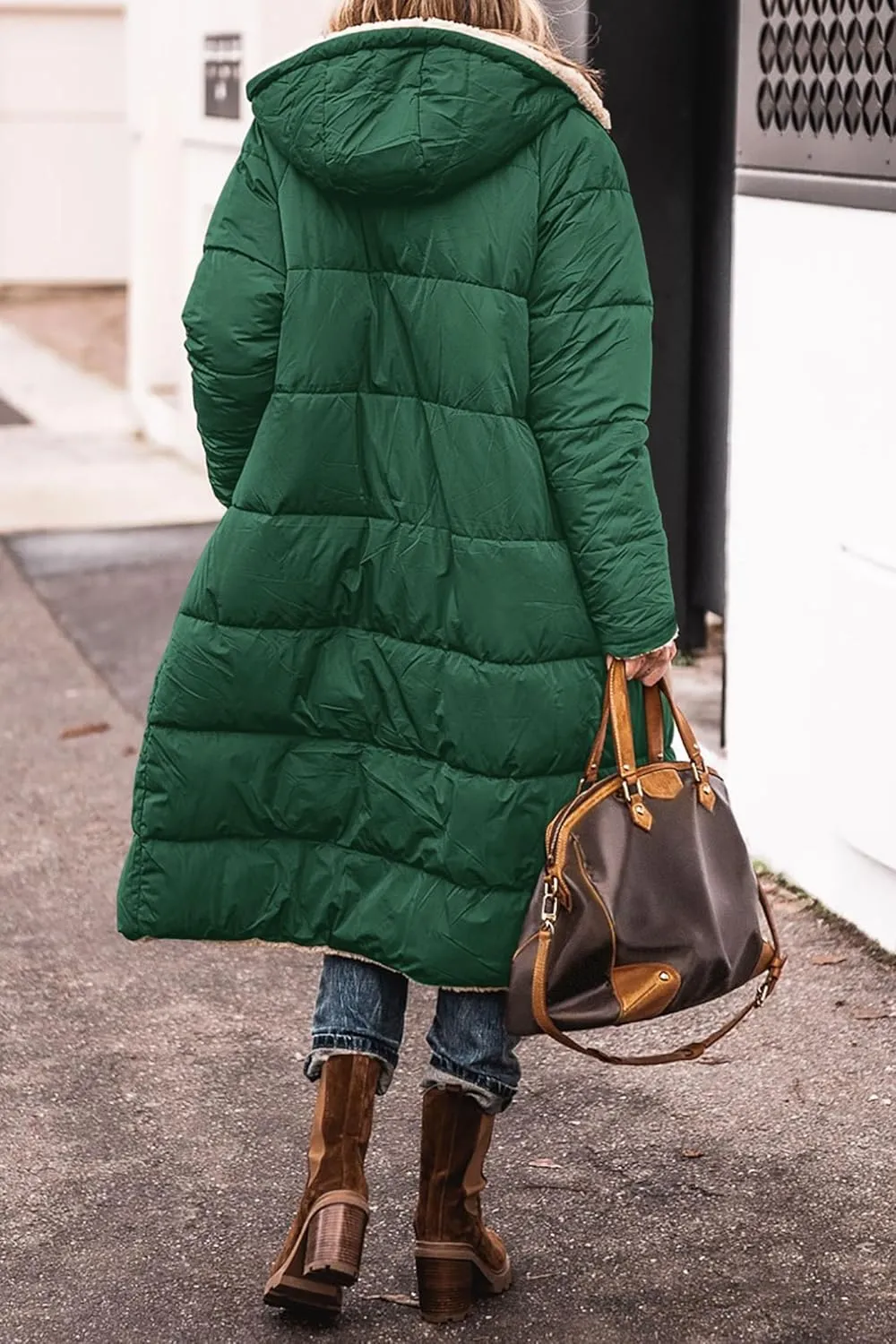 Canbebig Womens Winter Hooded Shearling Fleece Long Coat Quilted Puffer Jacket Reversible Zip Padded Coat Winter Warm Outwear
