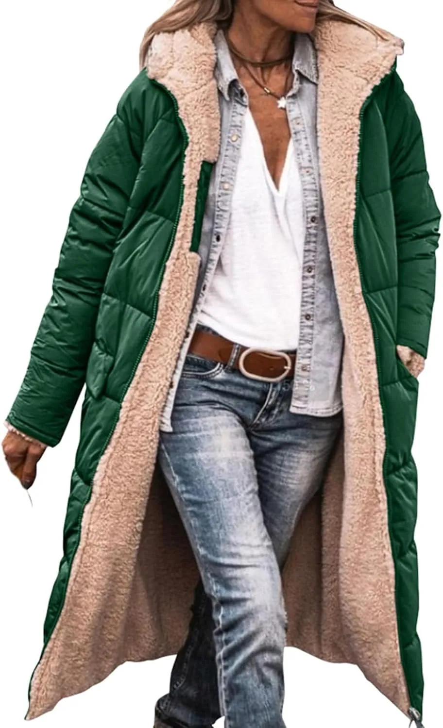 Canbebig Womens Winter Hooded Shearling Fleece Long Coat Quilted Puffer Jacket Reversible Zip Padded Coat Winter Warm Outwear