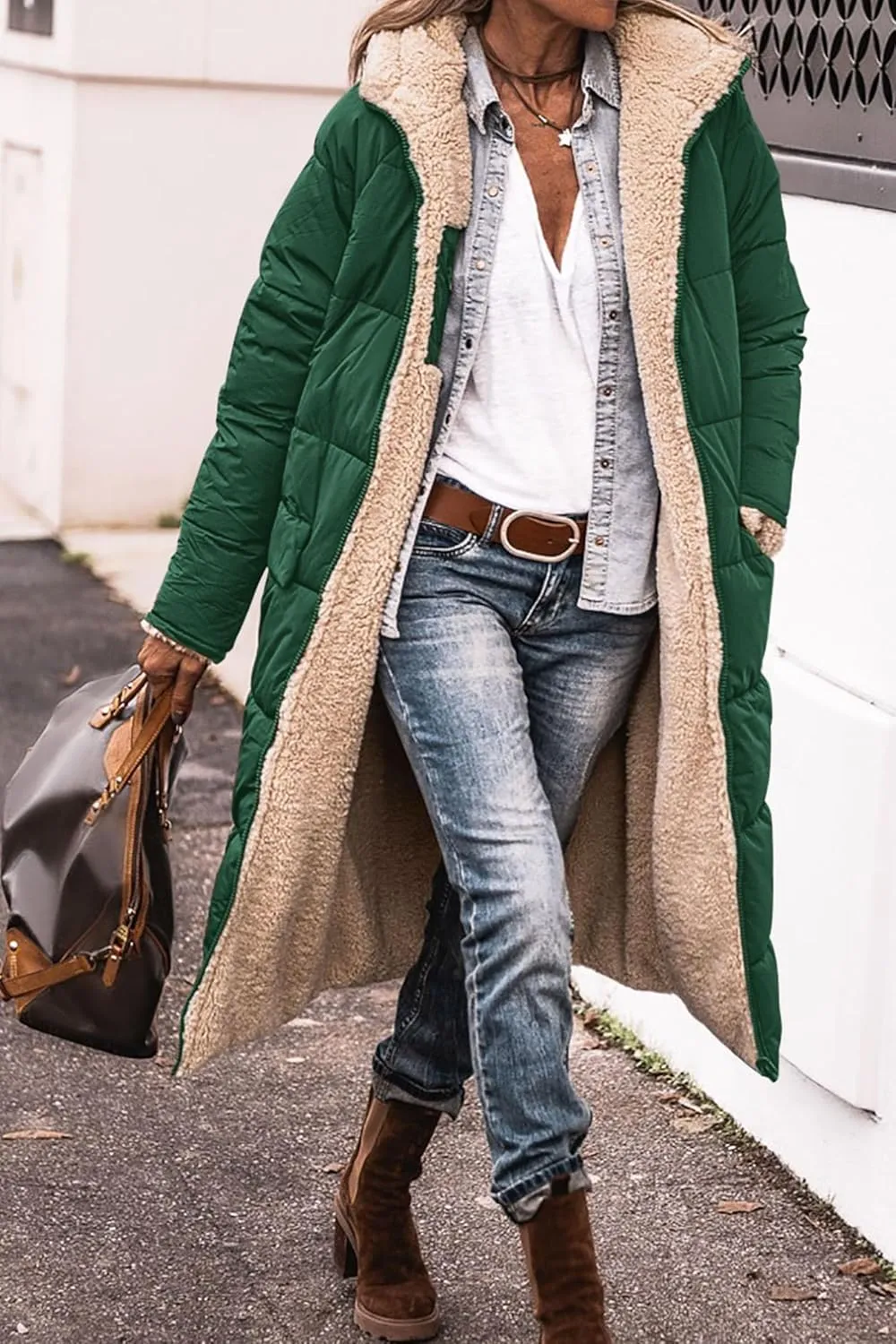 Canbebig Womens Winter Hooded Shearling Fleece Long Coat Quilted Puffer Jacket Reversible Zip Padded Coat Winter Warm Outwear