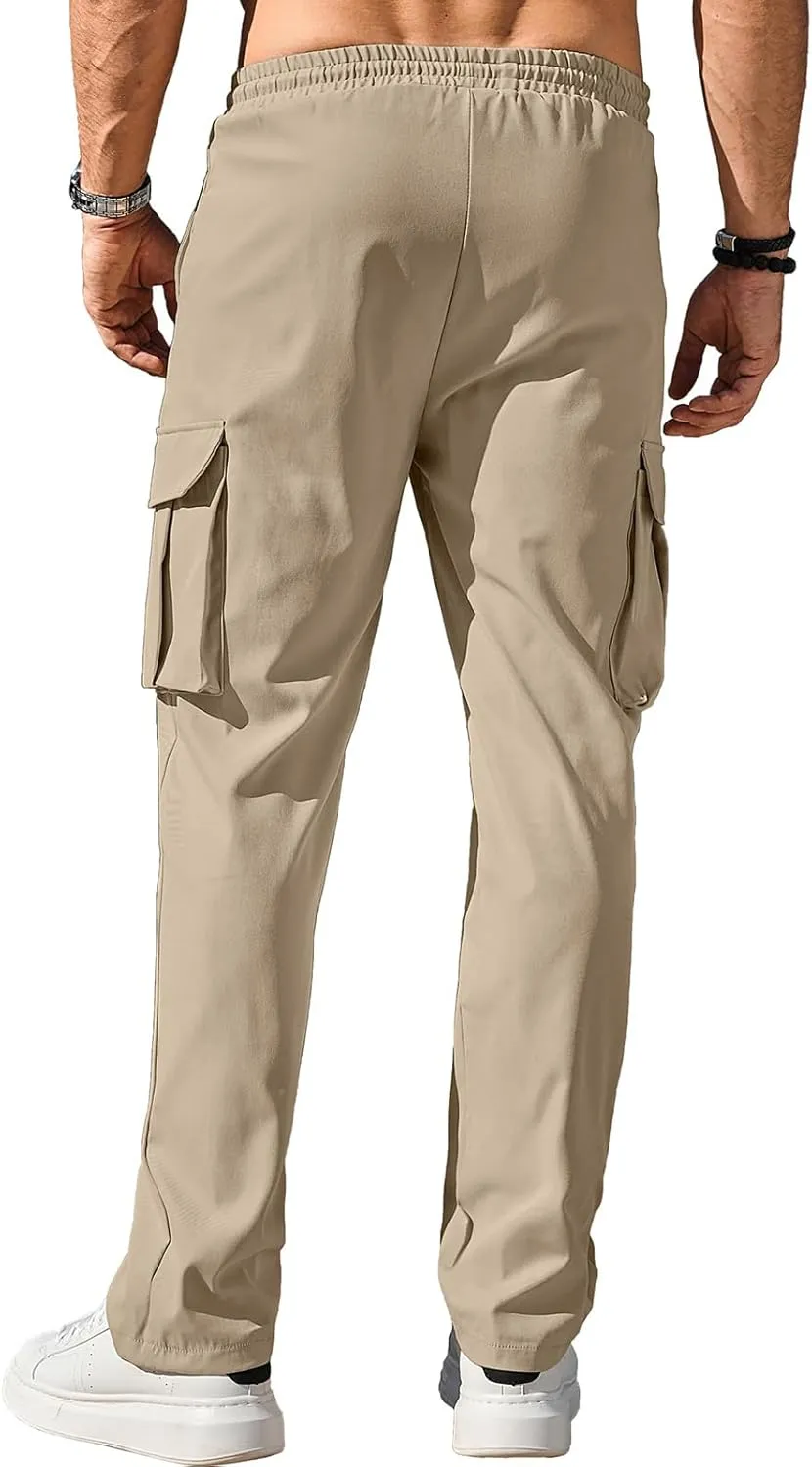 Cargo Pants Drawstring for Men Casual Baggy Comfy Straight Leg Joggers Trousers Fit with Multi Pockets