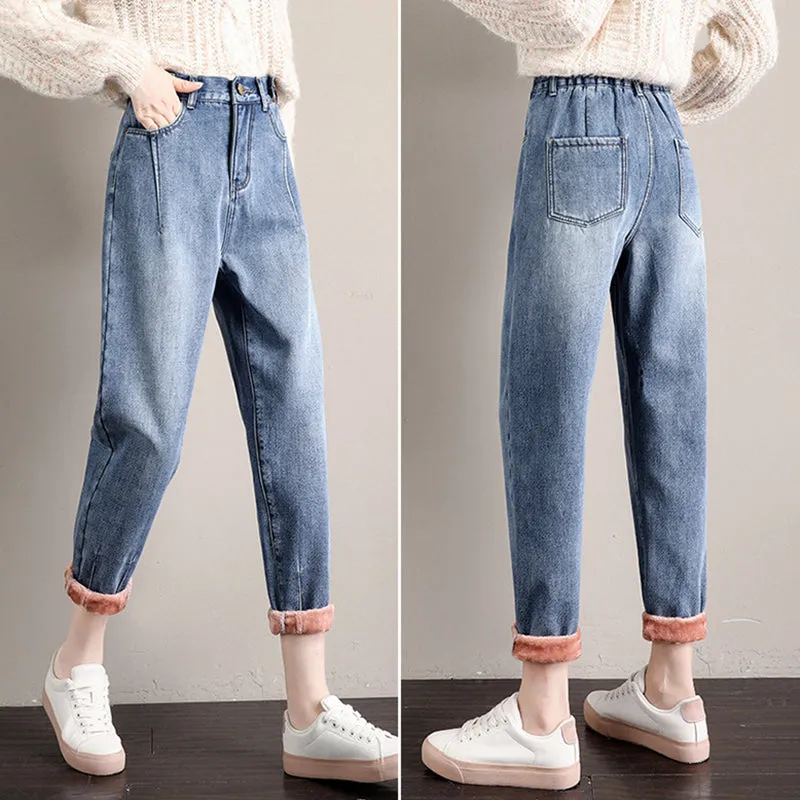 Casual High Rise Fleece Lining Jeans
