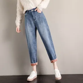 Casual High Rise Fleece Lining Jeans