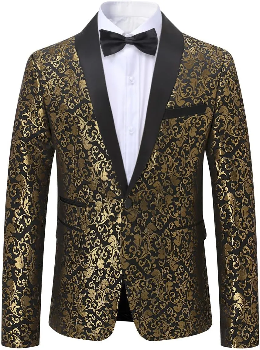 Cloudstyle Mens Floral Jacquard Dress Suit Jacket 1 Button Print Tux Blazer Sport Coat