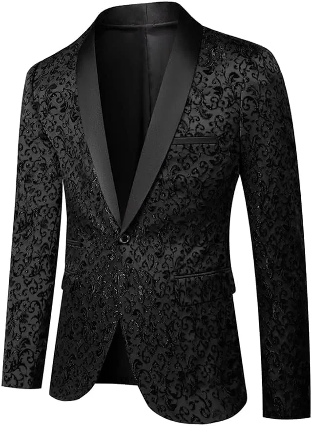 Cloudstyle Mens Floral Jacquard Dress Suit Jacket 1 Button Print Tux Blazer Sport Coat