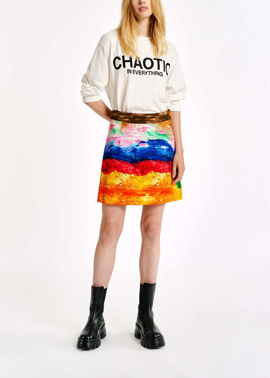 Colorful paint stroke print A-line mini skirt