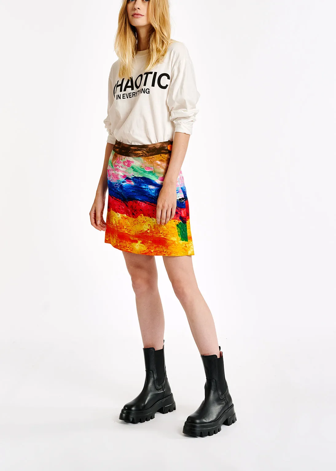 Colorful paint stroke print A-line mini skirt