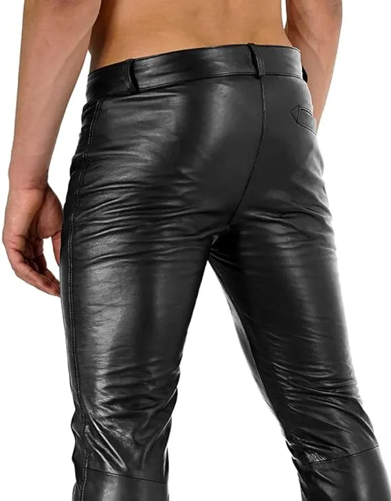 Crionis Men's Black Slim Fit Leather Pants