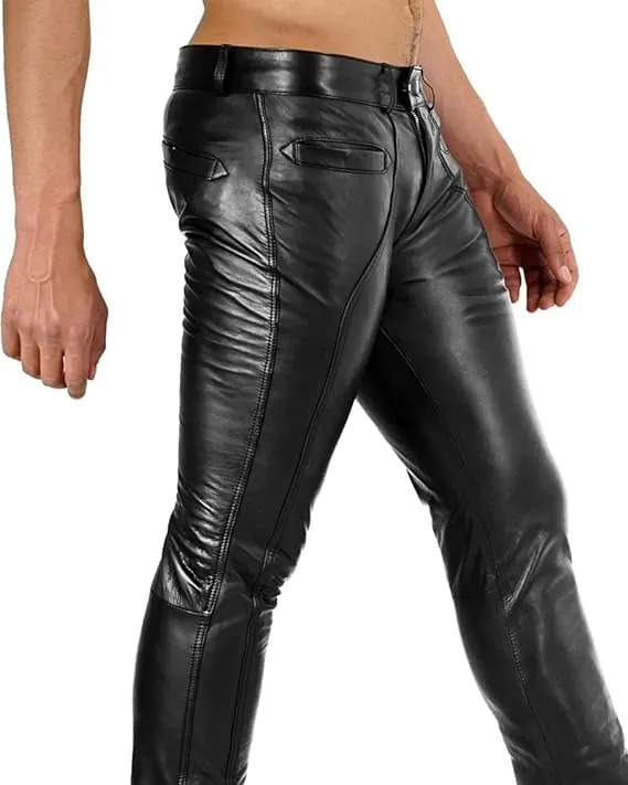 Crionis Men's Black Slim Fit Leather Pants