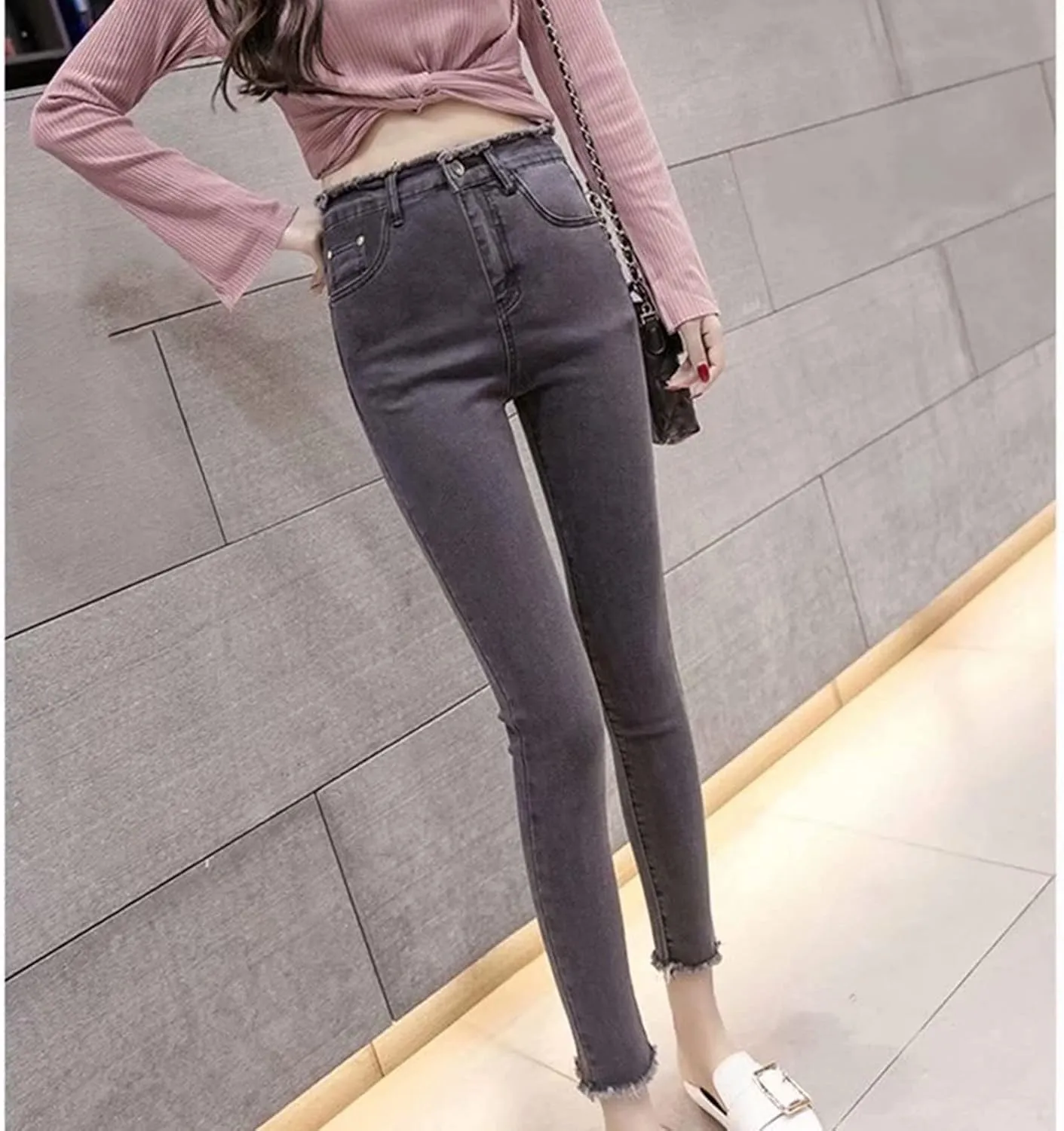 DGHM-JLMY Women's High Waist Raw Edge Skinny Jeans Button Fly High Rise Distressed Denim Jeans Hem Stretch Casual Jeans
