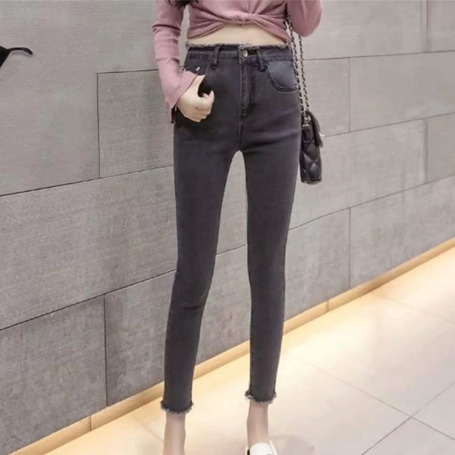 DGHM-JLMY Women's High Waist Raw Edge Skinny Jeans Button Fly High Rise Distressed Denim Jeans Hem Stretch Casual Jeans