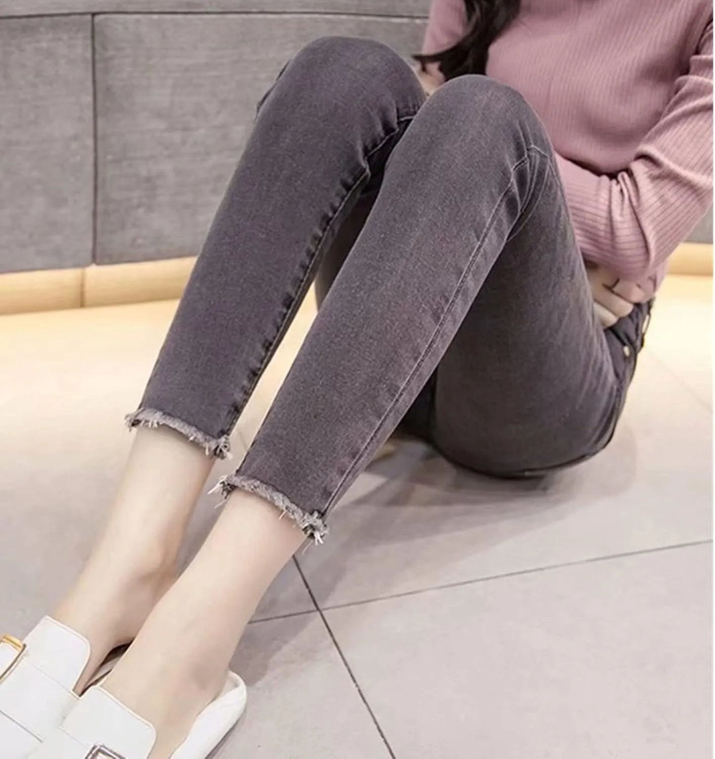 DGHM-JLMY Women's High Waist Raw Edge Skinny Jeans Button Fly High Rise Distressed Denim Jeans Hem Stretch Casual Jeans