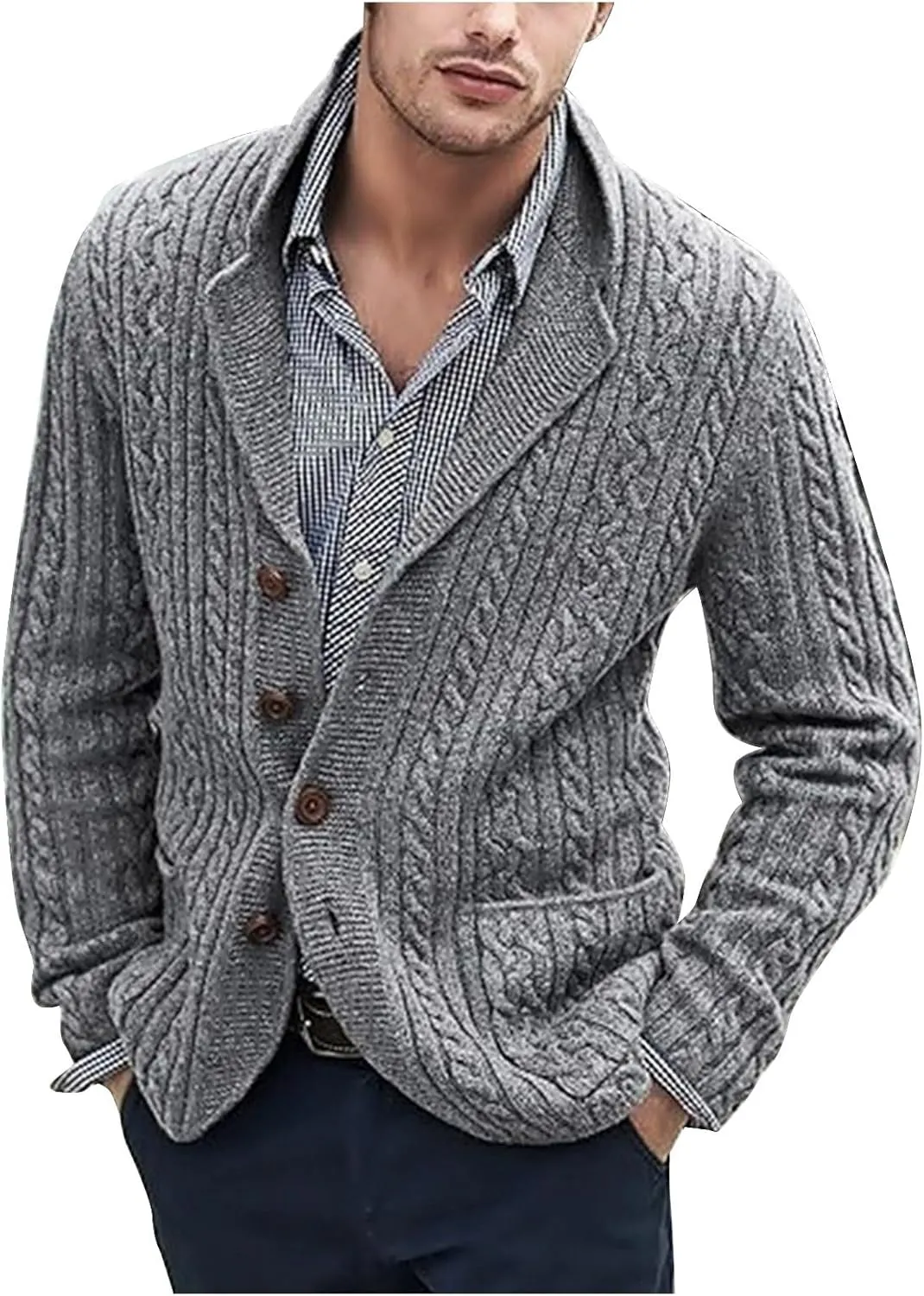 Dgoopd Cardigan Sweaters for Men Cable Knit Button Down Sweater Notch Lapel Jacket V Neck Open Front Cardigan Casual Outwear