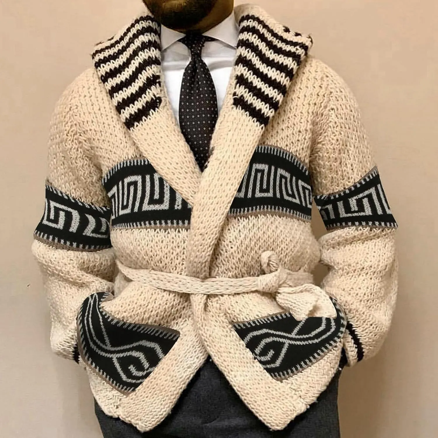 Dgoopd Cardigan Sweaters for Men Color Block Cable Knit Sweater Button Down Open Front Cardigan Casual Outwear with Pockets