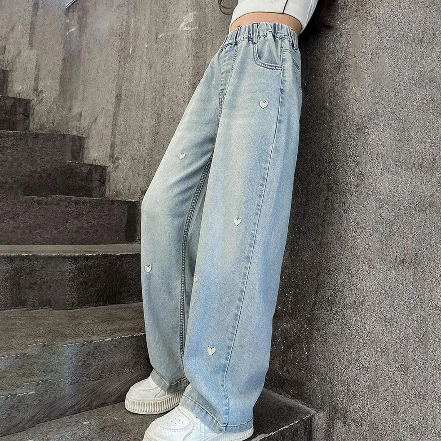 Girls Jeans Wide Leg Jeans High Elastic Waist Baggy Casual Denim Jeans Embroidery Fashion Washed Trousers with Pockets