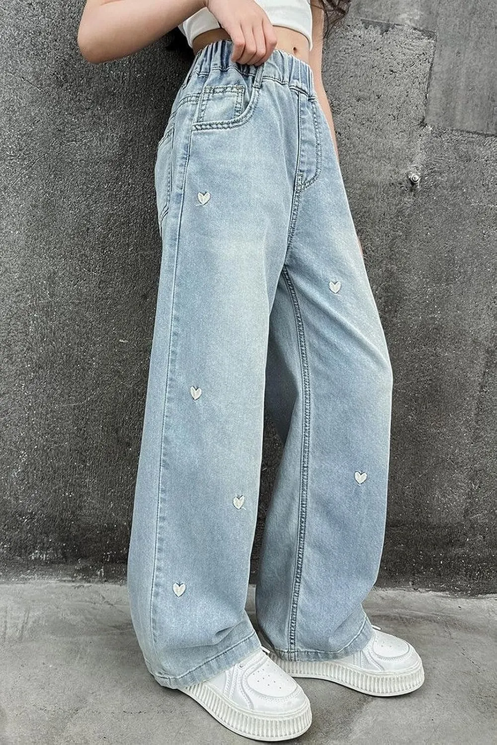 Girls Jeans Wide Leg Jeans High Elastic Waist Baggy Casual Denim Jeans Embroidery Fashion Washed Trousers with Pockets