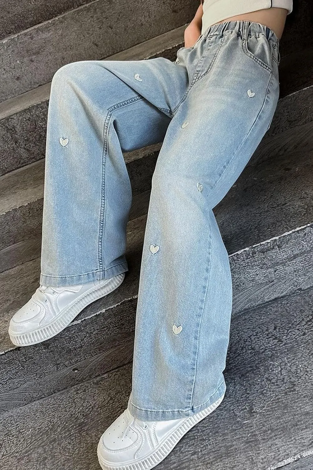 Girls Jeans Wide Leg Jeans High Elastic Waist Baggy Casual Denim Jeans Embroidery Fashion Washed Trousers with Pockets