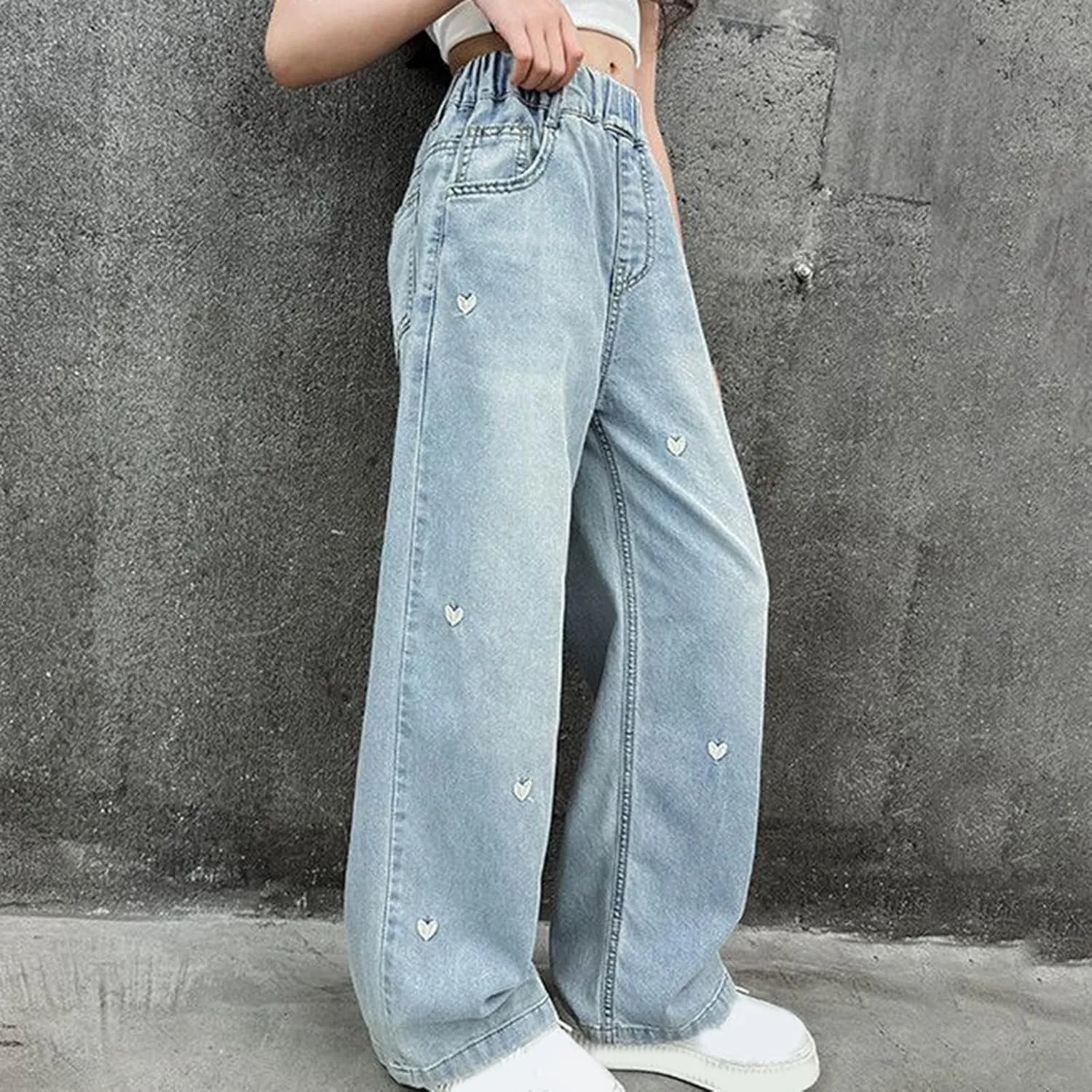 Girls Jeans Wide Leg Jeans High Elastic Waist Baggy Casual Denim Jeans Embroidery Fashion Washed Trousers with Pockets