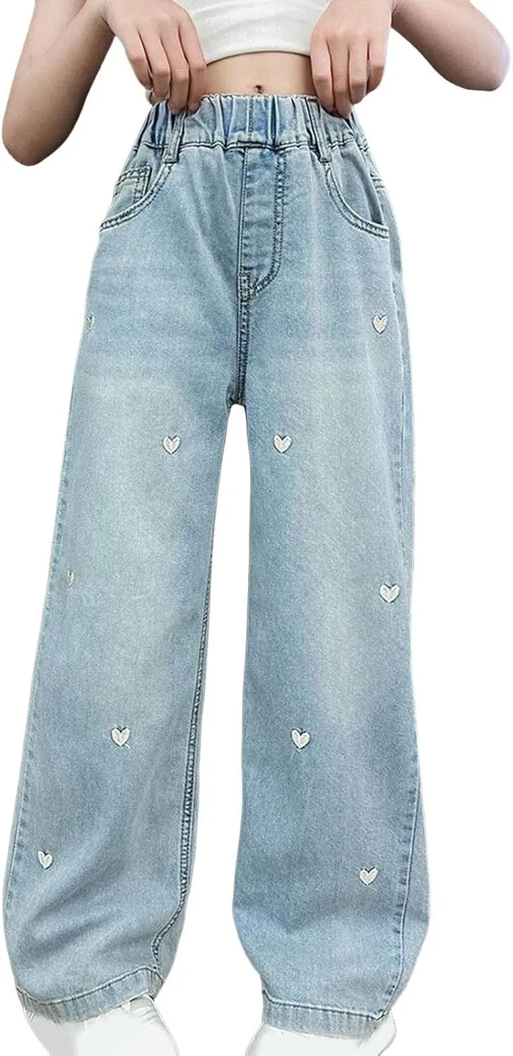 Girls Jeans Wide Leg Jeans High Elastic Waist Baggy Casual Denim Jeans Embroidery Fashion Washed Trousers with Pockets
