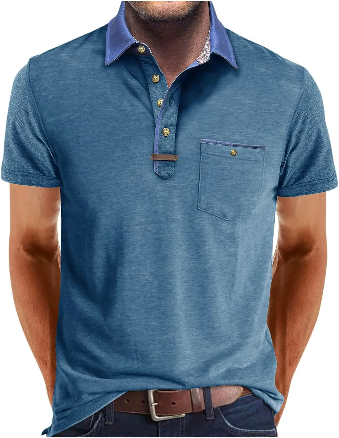 Golf Polos for Men Casual Shirts Classic Button Basic Short Sleeve Shirt Solid Tees Golf Stylish Tops with Pocket
