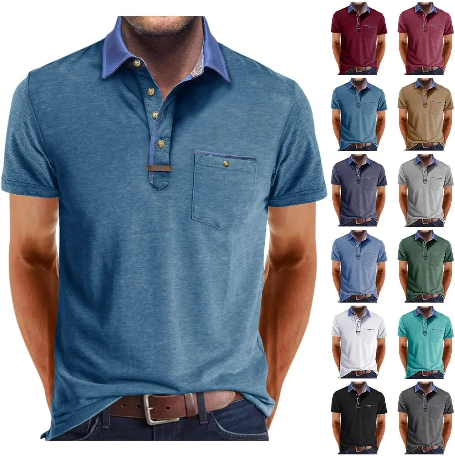 Golf Polos for Men Casual Shirts Classic Button Basic Short Sleeve Shirt Solid Tees Golf Stylish Tops with Pocket