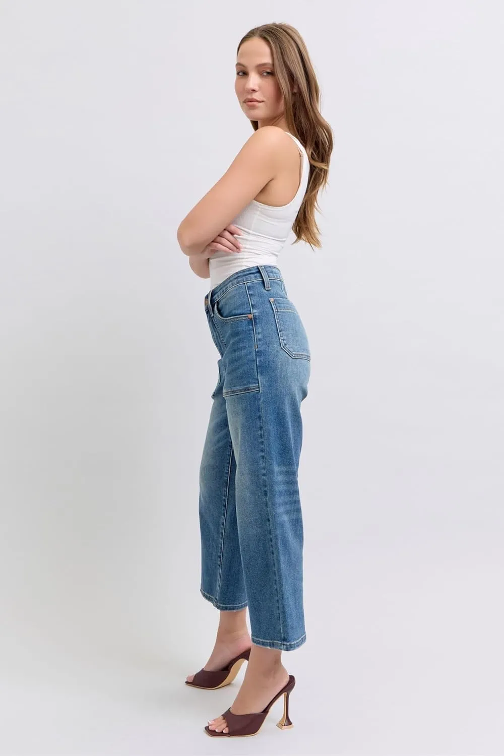 Judy Blue High-Waisted Utility Pocket Crop Wide-Leg Jeans – Durable, Stretchy, and Stylish Everyday Denim - 88904
