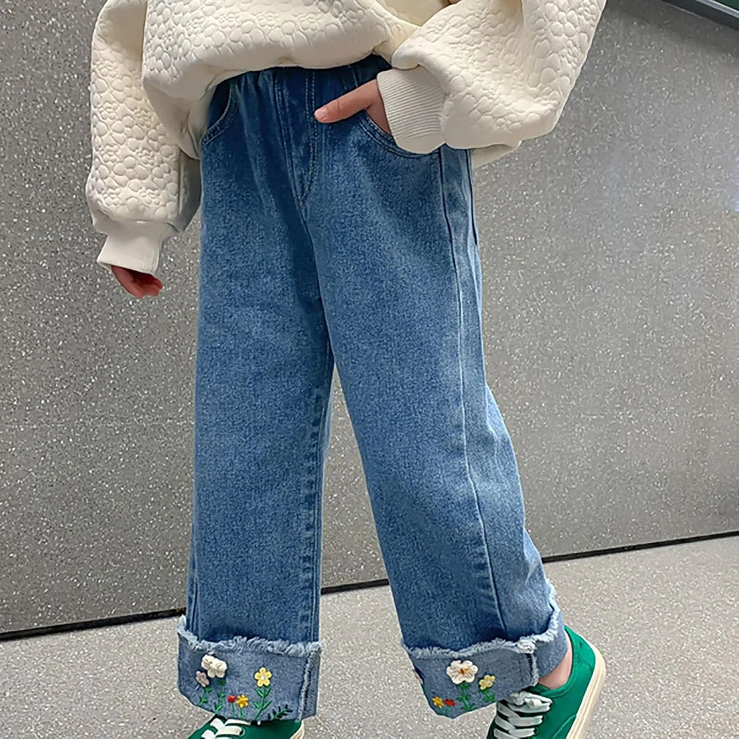 Kids Girls Casual Baggy Wide Leg Denim Pants Elastic Waist Casual Jeans Toddler Jeans Girls