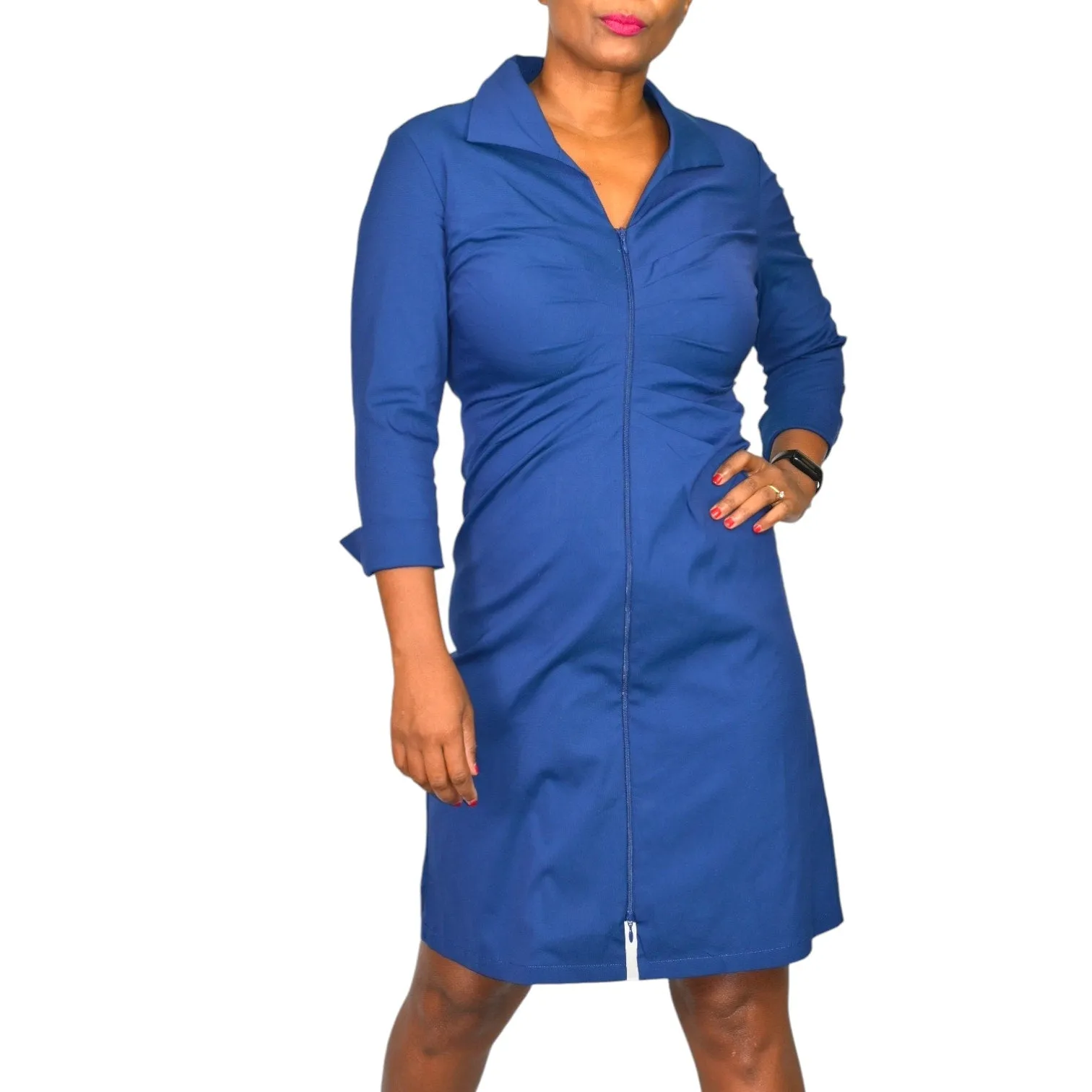 Lafayette 148 Zip Front Shirt Dress Blue Cotton Poplin Classic Ruched Shirtdress Size 2