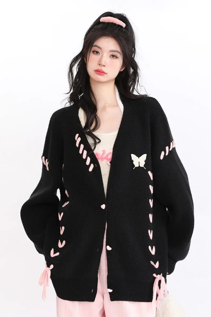 Lazy Style Black Pink Love Knit Cardigan