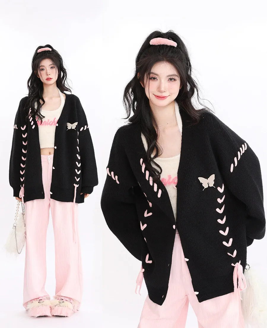 Lazy Style Black Pink Love Knit Cardigan