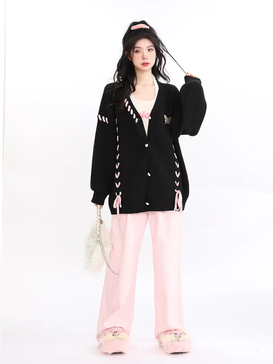 Lazy Style Black Pink Love Knit Cardigan