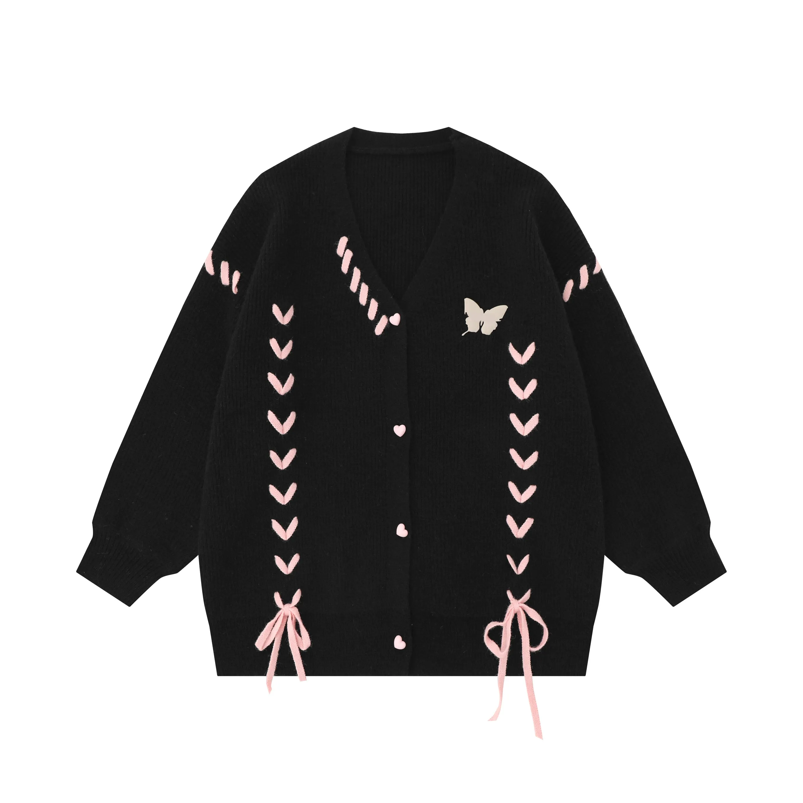 Lazy Style Black Pink Love Knit Cardigan