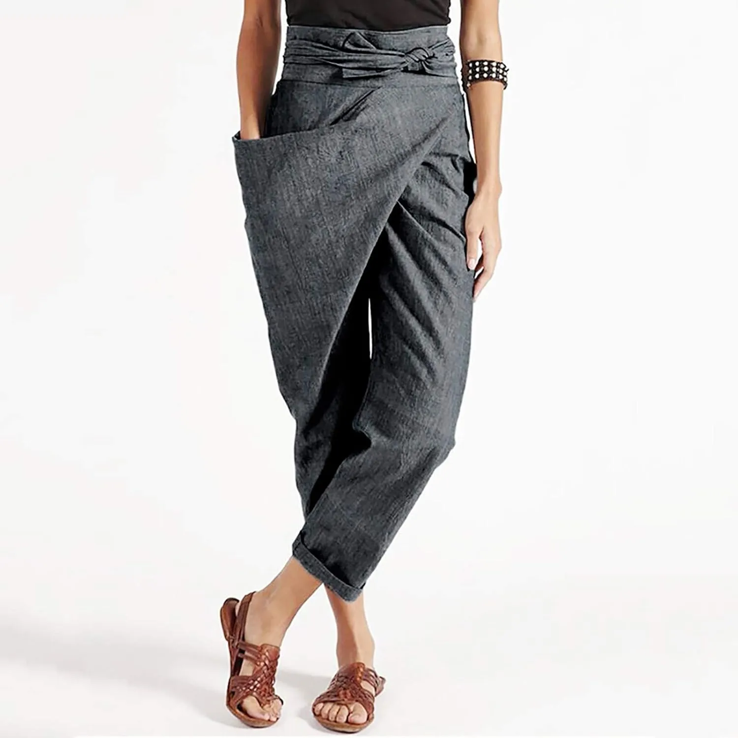 LCMTWX Capris Pants for Women Leg Pants Fashion Drawstring Elastic Trousers Comfy Straight Leg Long Pants with Pockets