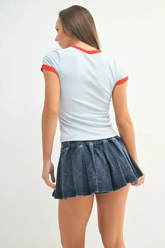 Light Blue Contrast Red Trim Fitted Baby Tee
