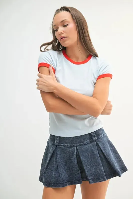 Light Blue Contrast Red Trim Fitted Baby Tee