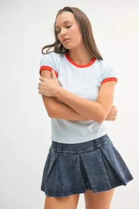 Light Blue Contrast Red Trim Fitted Baby Tee