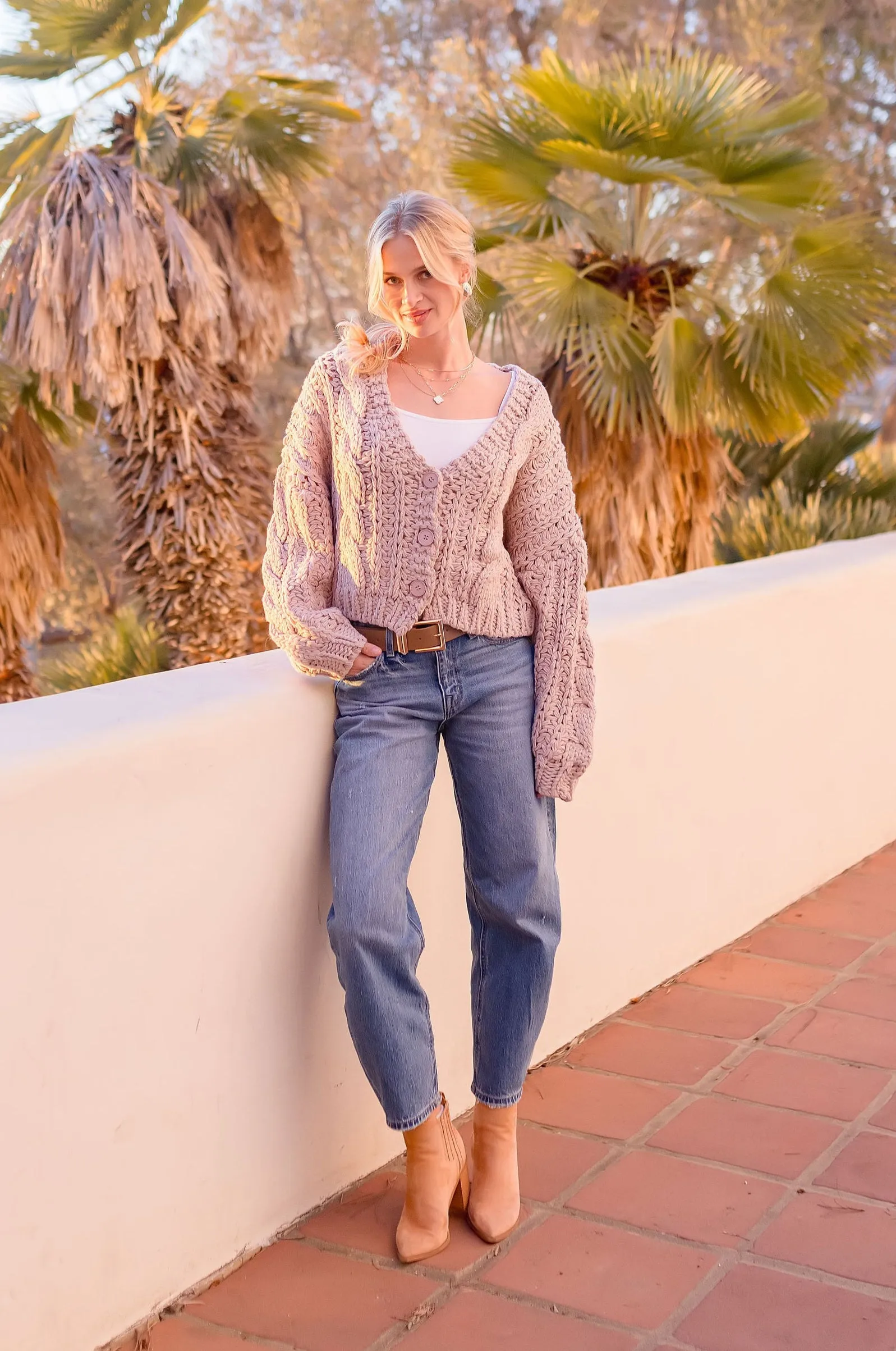 Logan Long Sleeve Cable Knit Button Down Cardigan Mauve
