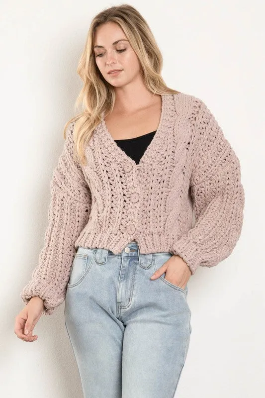 Logan Long Sleeve Cable Knit Button Down Cardigan Mauve