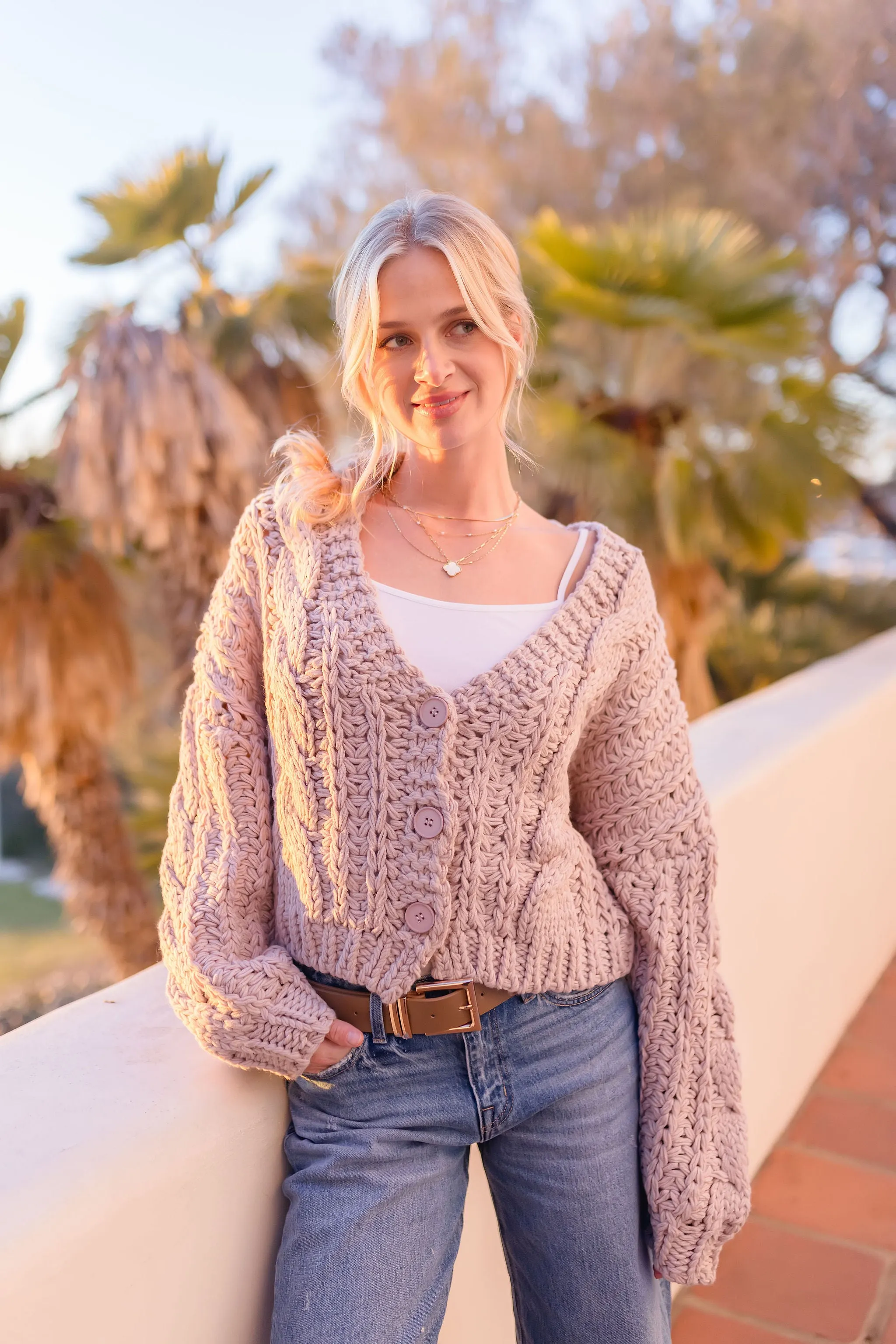 Logan Long Sleeve Cable Knit Button Down Cardigan Mauve