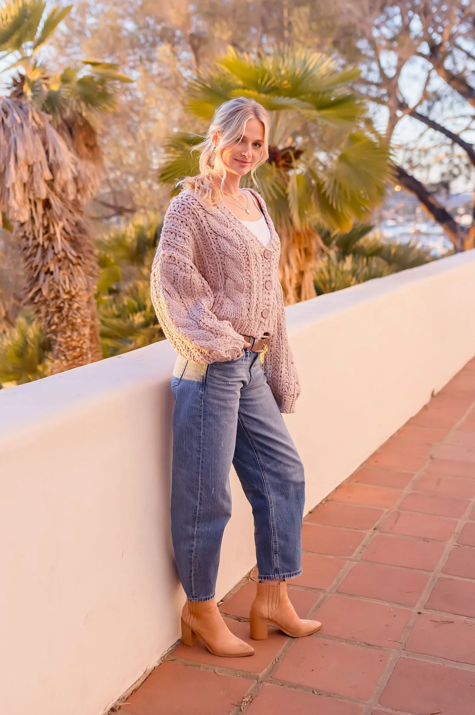 Logan Long Sleeve Cable Knit Button Down Cardigan Mauve