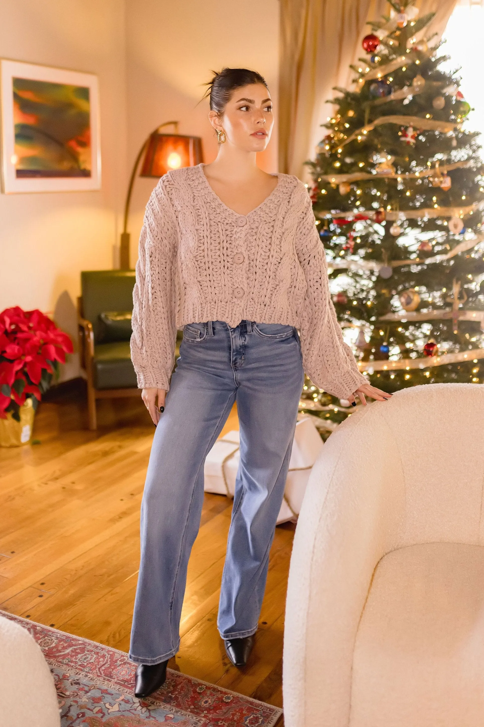 Logan Long Sleeve Cable Knit Button Down Cardigan Mauve