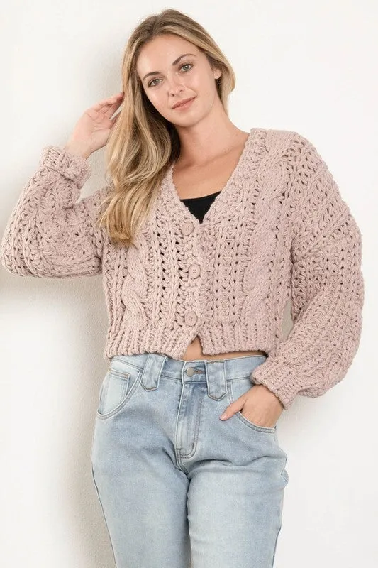 Logan Long Sleeve Cable Knit Button Down Cardigan Mauve