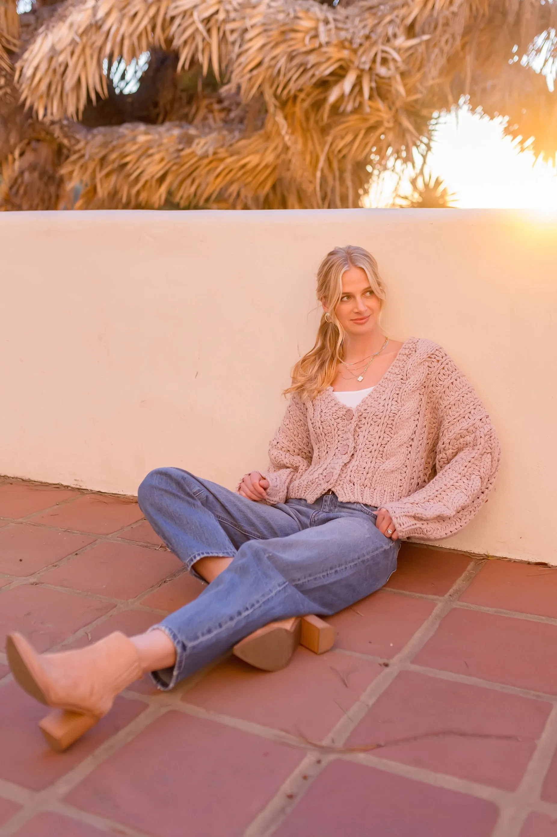 Logan Long Sleeve Cable Knit Button Down Cardigan Mauve