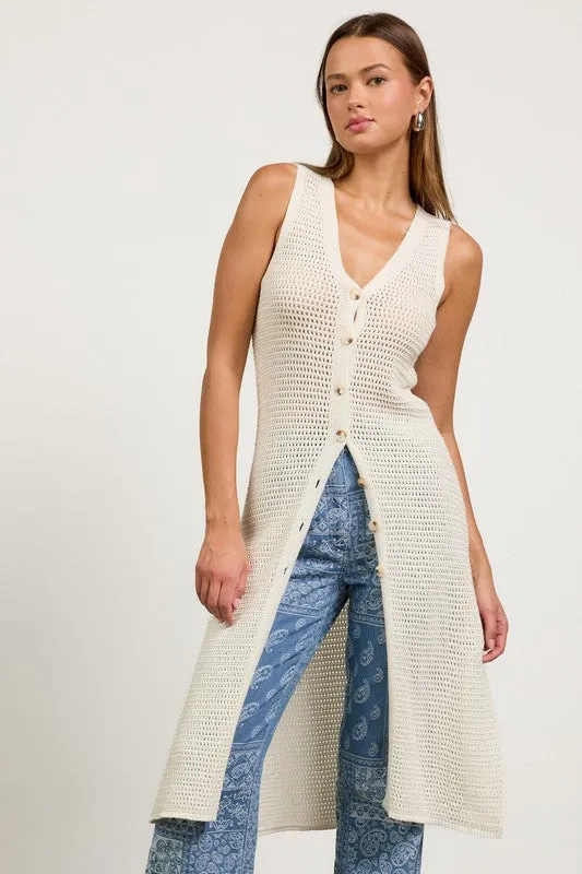 Mae Sleeveless Knit Button Down Long Cardigan White