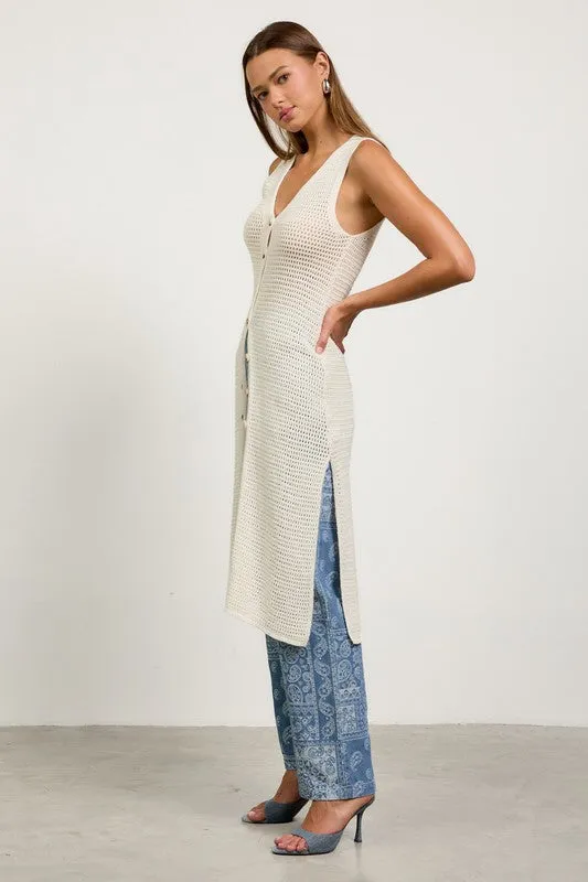 Mae Sleeveless Knit Button Down Long Cardigan White